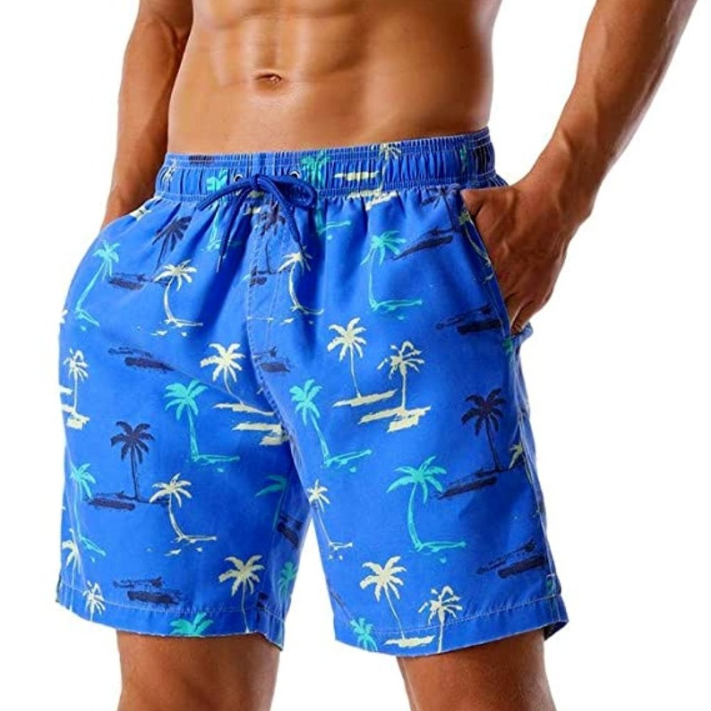 Nonwe Blue Palm Tree Swim Shorts Soft Washed Drawstring Board Shorts For Men